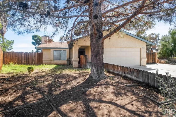 a view of a house with a yard tree and a wooden fence