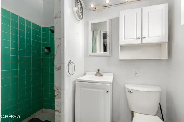 a bathroom with a sink toilet and shower