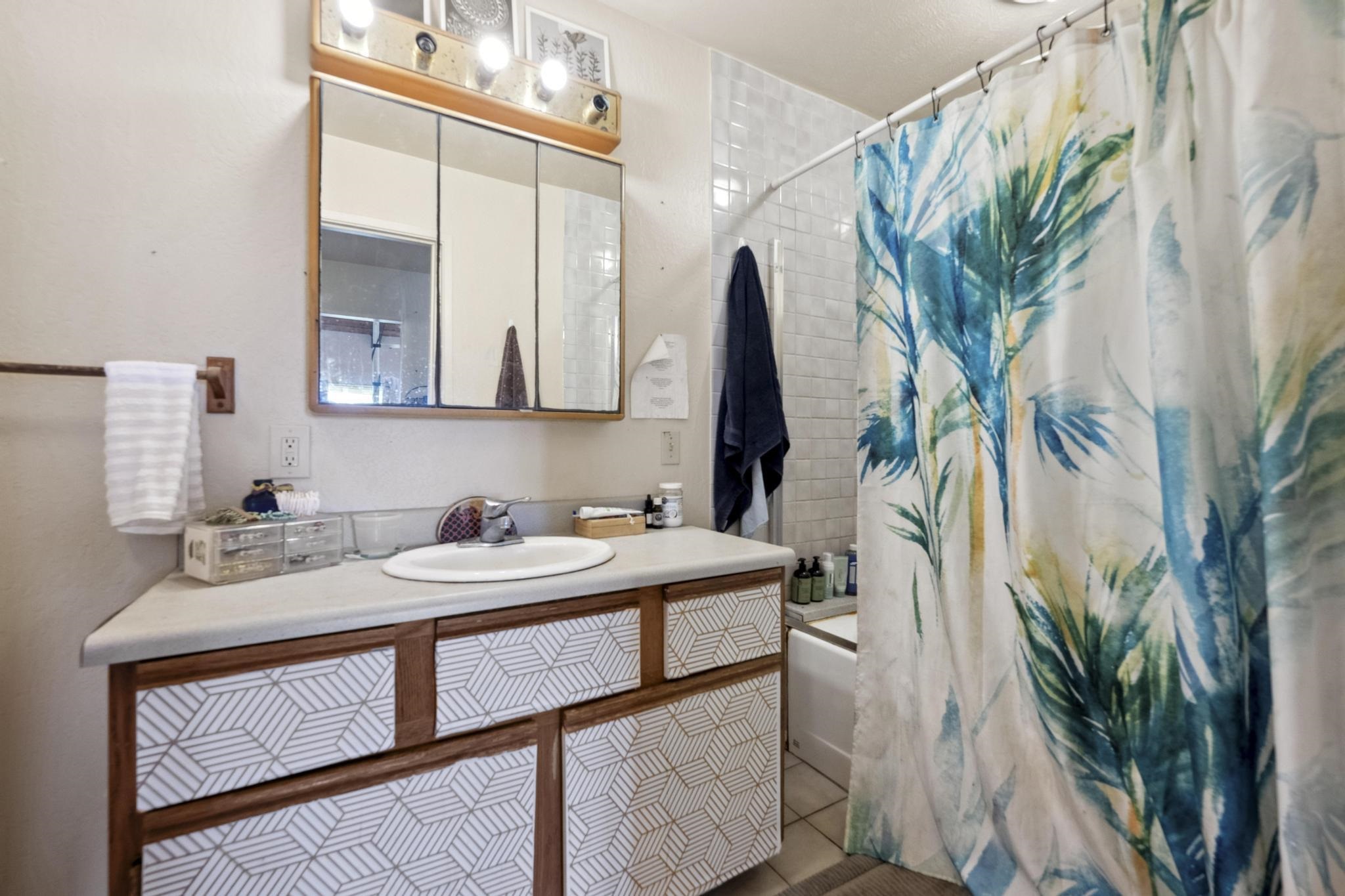 4950 Uakea Road Hana, HI 96713 - Photo 26 of 39 a bathroom with a sink a mirror and a potted plant