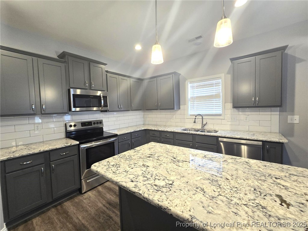 604 Amusement Drive Hope Mills, NC 28348 - Photo 16 of 41 a kitchen with stainless steel appliances kitchen island granite countertop a sink stove and refrigerator