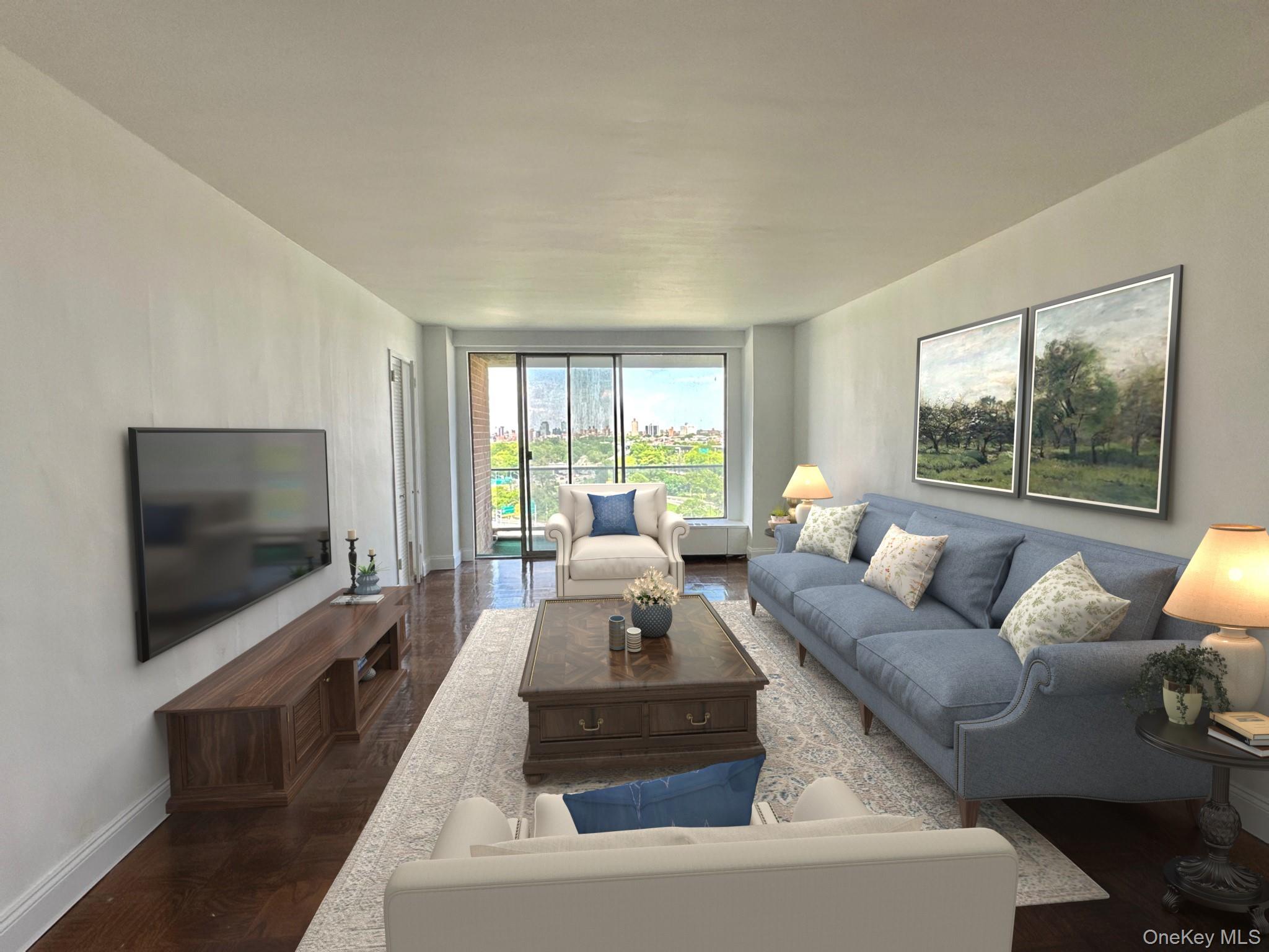 61-20 Grand Central Parkway, Unit A1402 Queens, NY 11375 - Photo 1 of 8 a living room with furniture and a flat screen tv