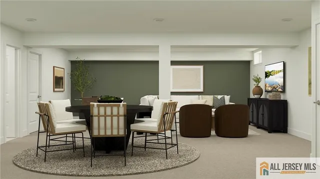 a dining room with furniture and a fireplace