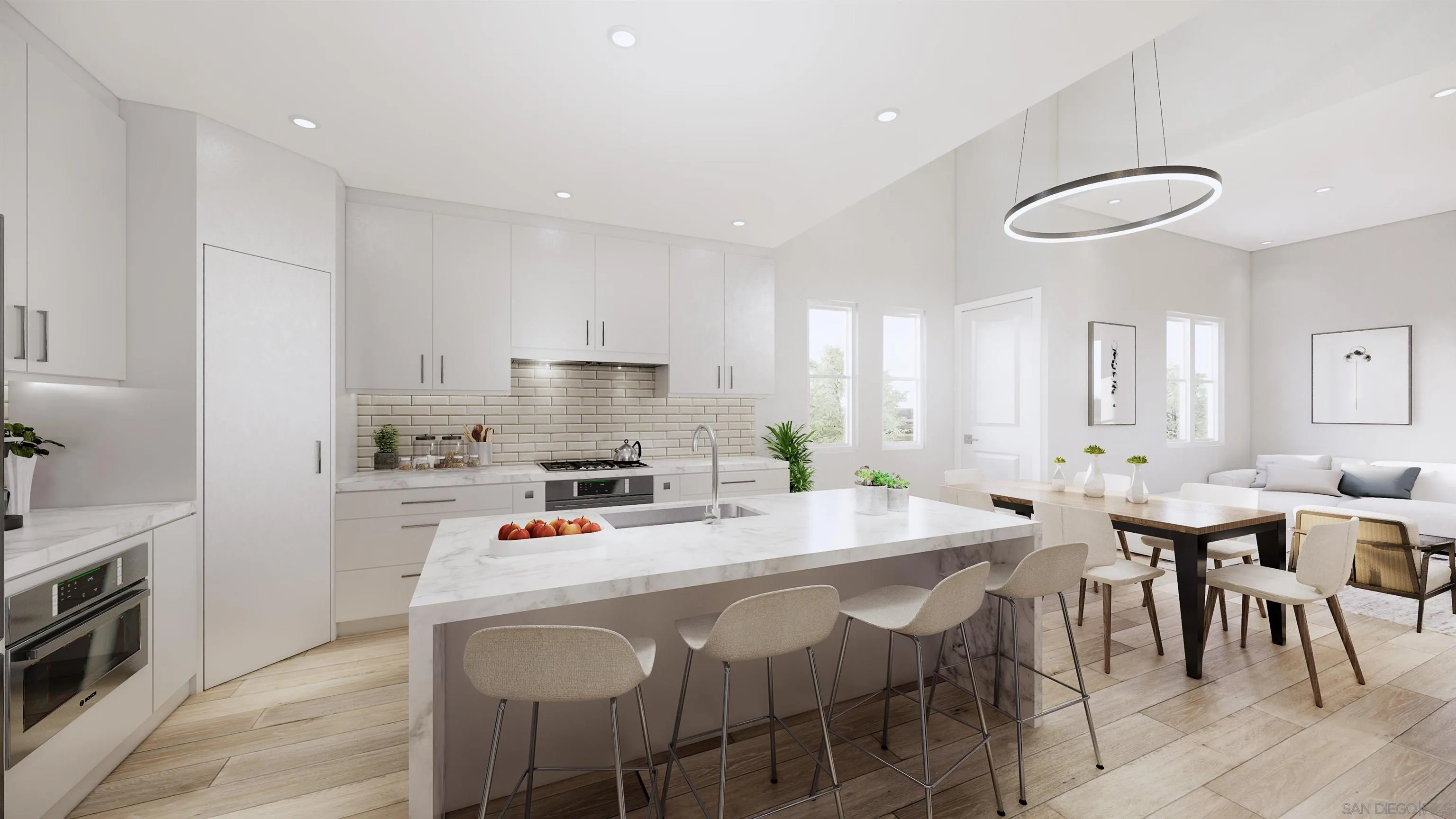 a kitchen with stainless steel appliances granite countertop a stove a sink a stove a dining table and chairs