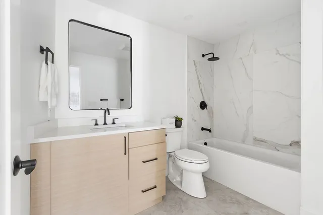 a bathroom with a toilet a sink a mirror a bathtub and vanity