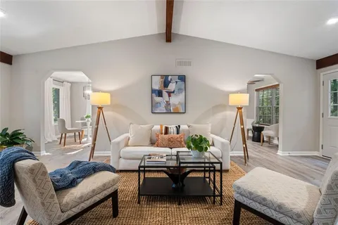a living room with furniture and a potted plant