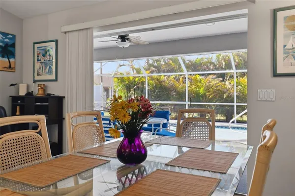 a view of a dining room with furniture window and outside view