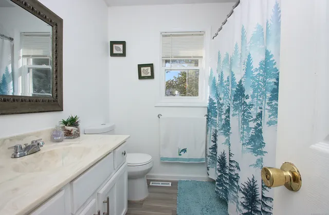 a bathroom with a granite countertop sink a toilet and mirror