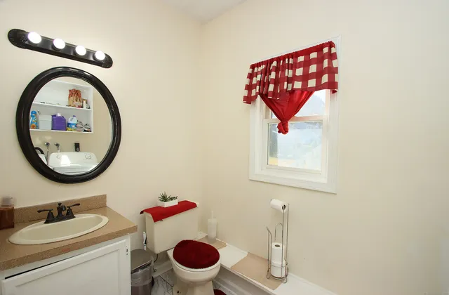 a bathroom with a toilet a sink and a mirror