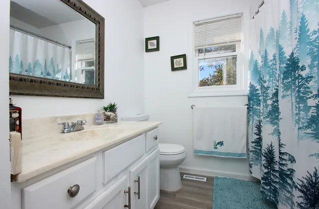 a bathroom with a sink a toilet and mirror