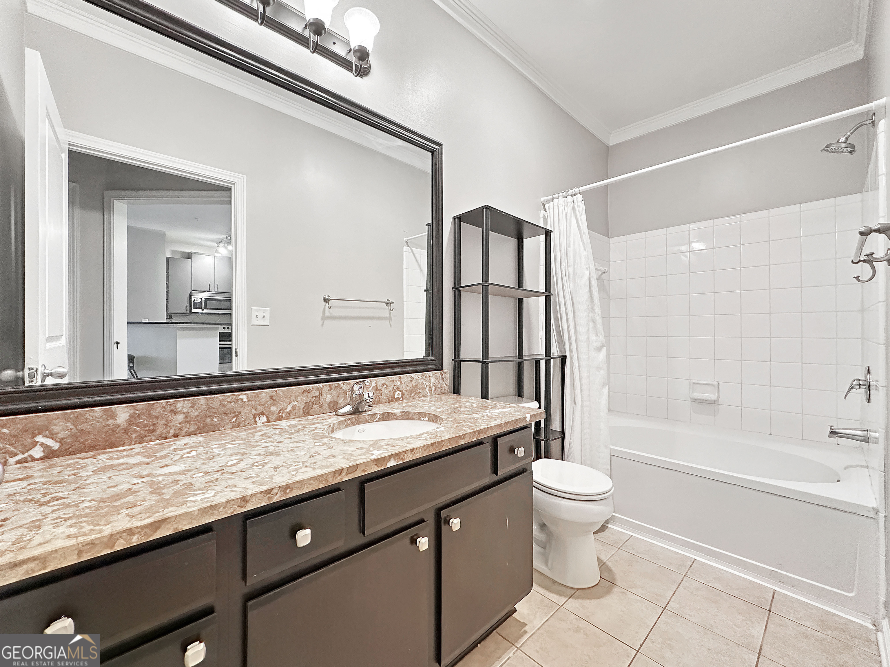 821 Ralph McGill Boulevard Northeast, Unit 3219 Atlanta, GA 30306 - Photo 11 of 12 a bathroom with a granite countertop sink a toilet a large mirror and shower