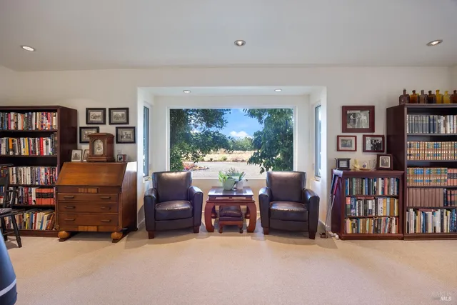 a living room with furniture and a bookshelf