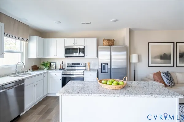 a kitchen with stainless steel appliances granite countertop a sink a stove counter space and cabinets