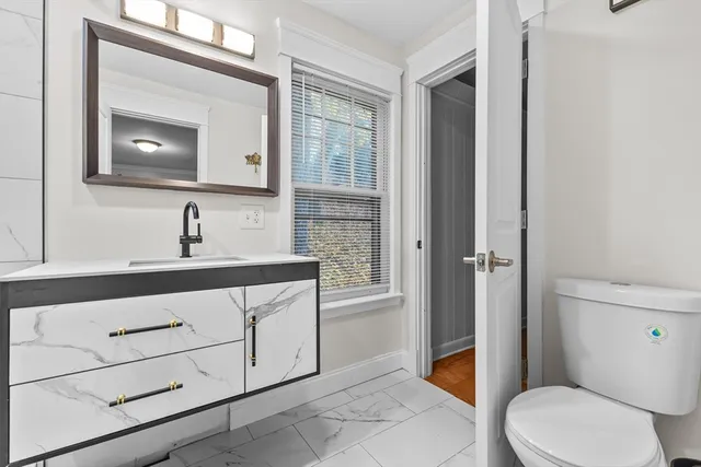 a bathroom with a sink a toilet a mirror and vanity