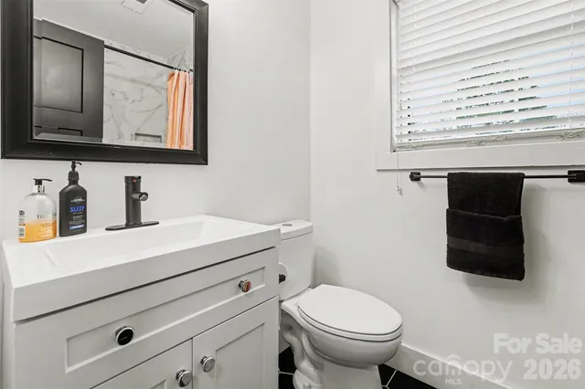 a bathroom with a toilet a sink and mirror
