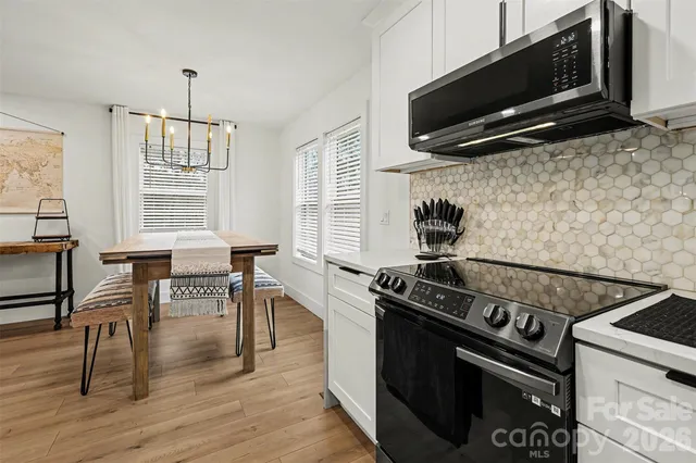 a kitchen with a stove and a microwave