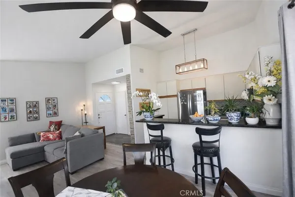a view of a dining room with furniture