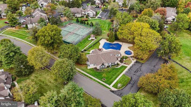 an aerial view of a backyard