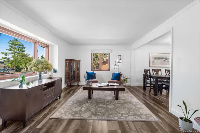 a living room with furniture and a dining table with wooden floor