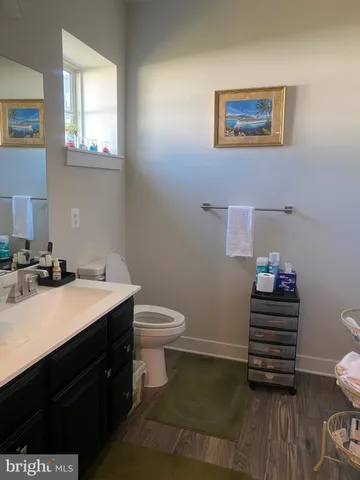 a bathroom with a sink a toilet and wooden floor