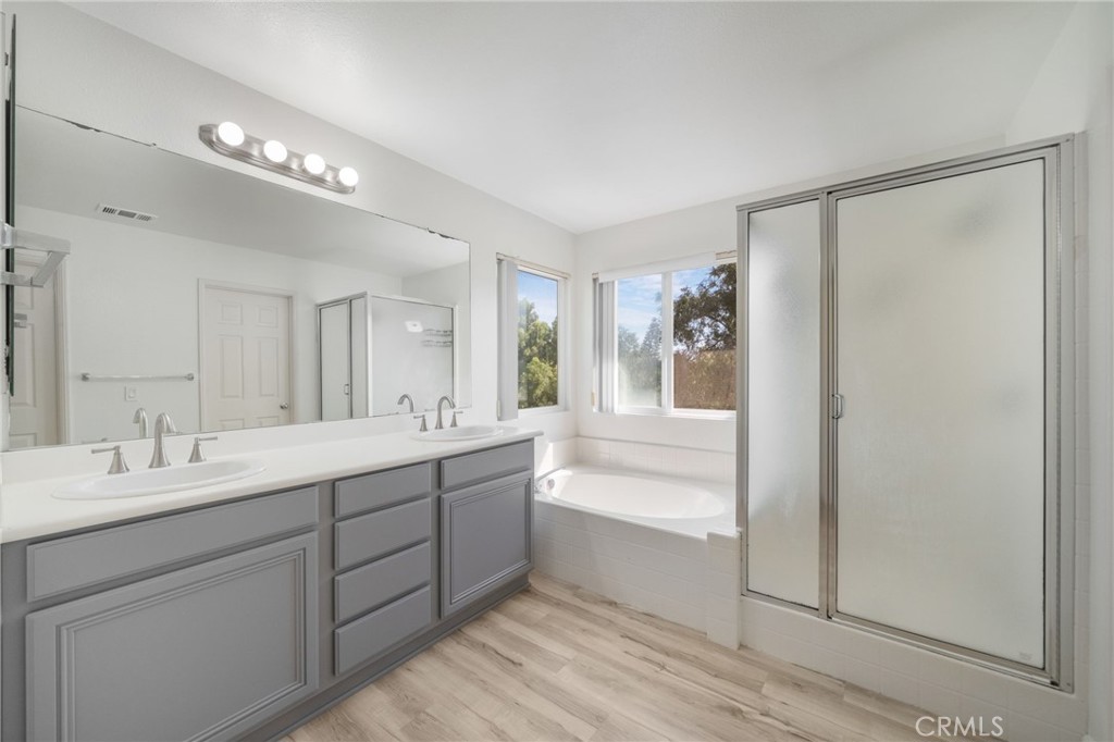 1729 Bridlevale Road Chula Vista, CA 91913 - Photo 21 of 44 a spacious bathroom with a shower a sink and a mirror