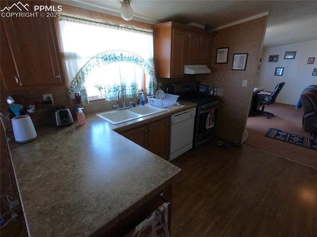 609 3rd Avenue Romeo, CO 81148 - Photo 5 of 16 Kitchen featuring white dishwasher, dark wood-type flooring, range, sink, and wall chimney exhaust hood