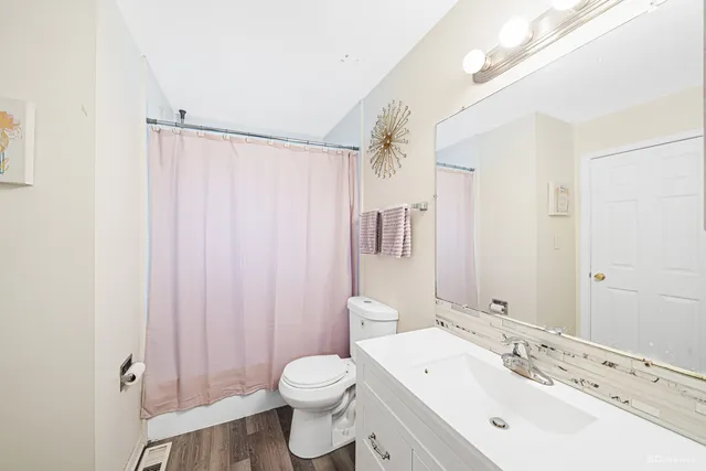 a bathroom with a sink a toilet and shower curtain