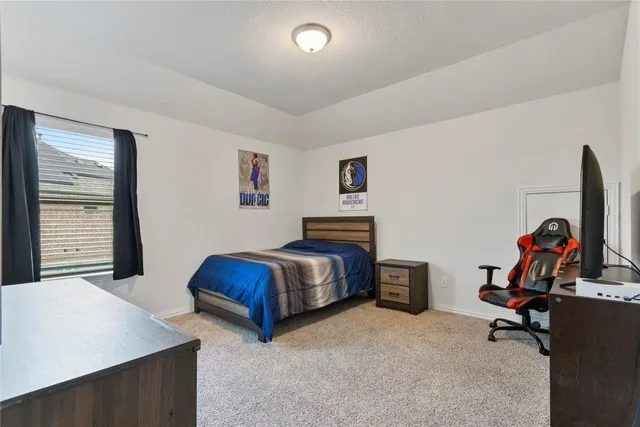 a bedroom with a bed and furniture