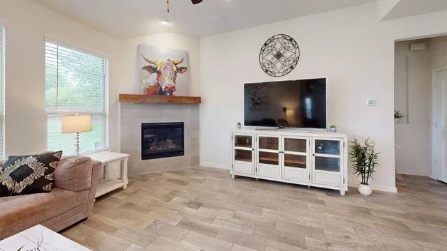 a living room with furniture a flat screen tv and a fireplace
