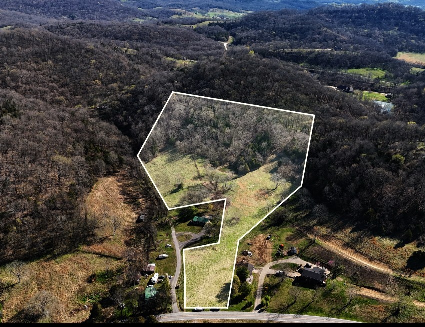 an aerial view of a house with a yard and large trees