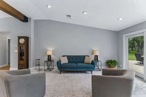 a living room with furniture and a potted plant