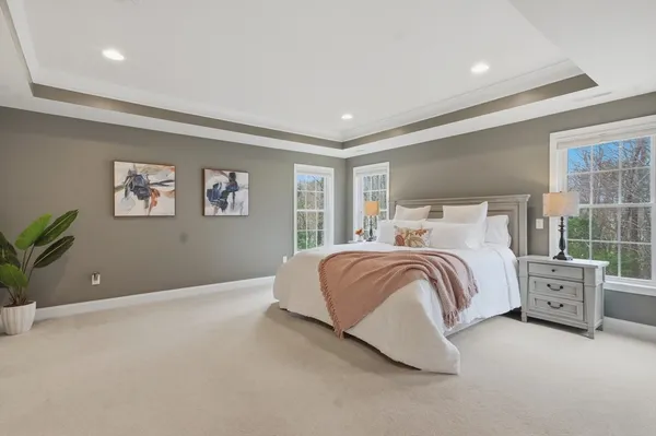a bedroom with a large bed and a potted plant