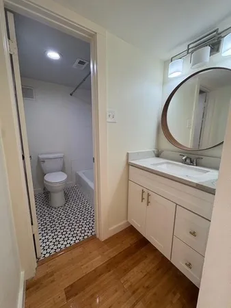 a bathroom with a sink a toilet and a mirror