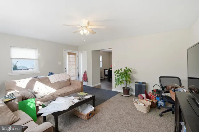 a living room with furniture and potted plants