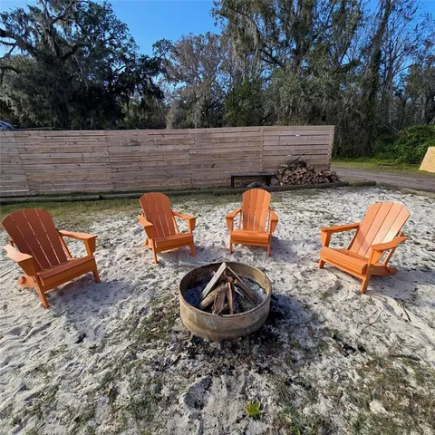 a view of a backyard with sitting area