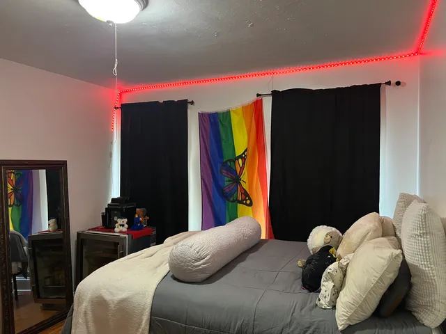 a bedroom with a bed and a closet