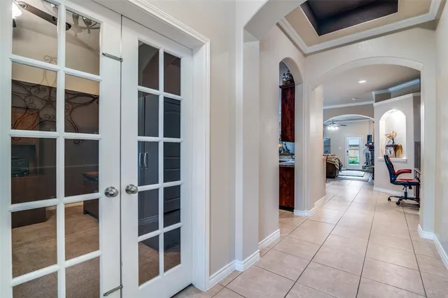 a view of a living room with a large window