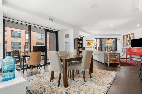 a view of a dining room with furniture