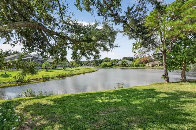 a view of a lake with a big yard and large trees