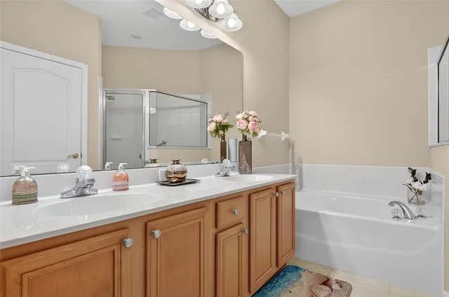 a bathroom with a granite countertop shower a sink and a mirror