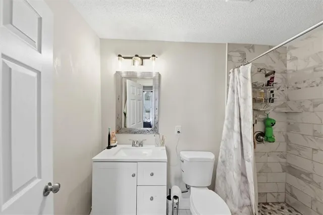 a bathroom with a shower and a toilet