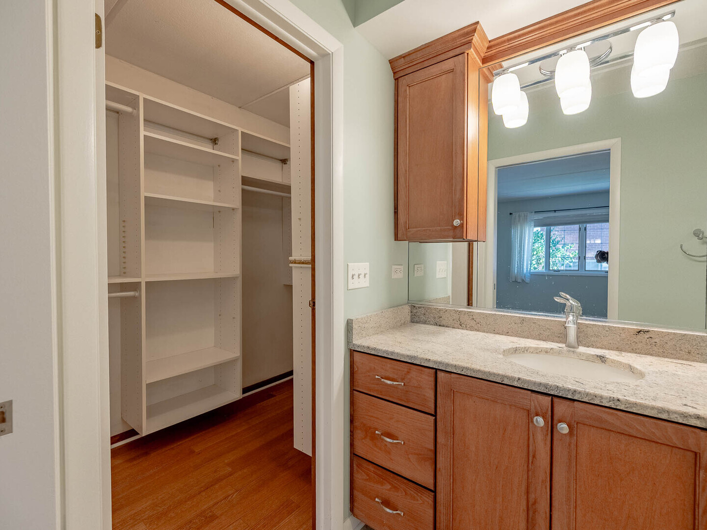 5818 Wolf Road, Unit 1A Western Springs, IL 60558 - Photo 11 of 14 a bathroom with a granite countertop sink and a mirror