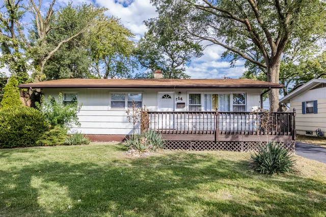 a view of a house with a small yard and a large tree