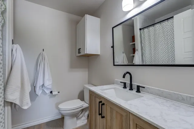 a bathroom with a sink toilet and mirror