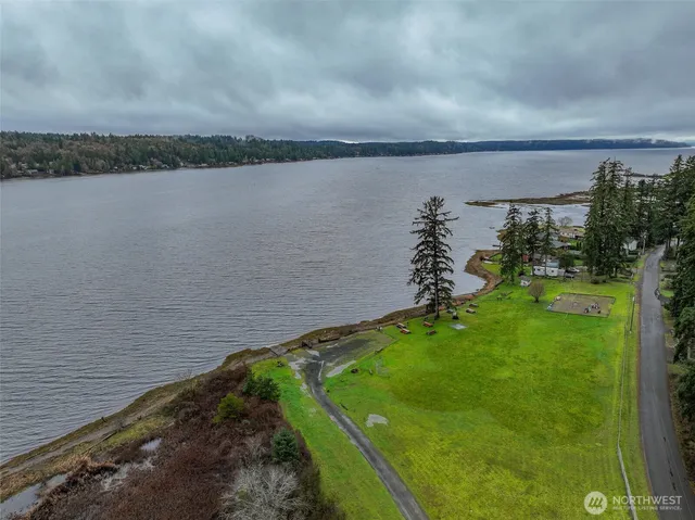 a view of a lake with a garden