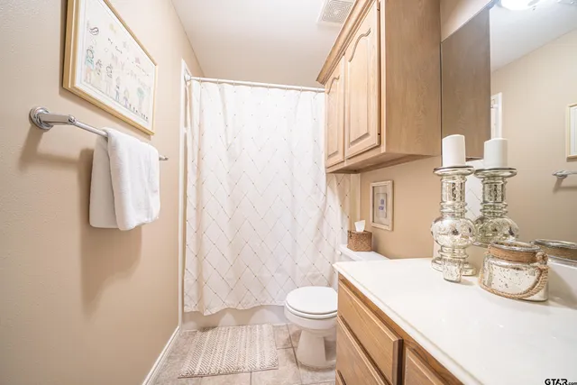 a bathroom with a sink a toilet and shower curtain