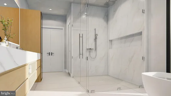 a bathroom with a bathtub and a shower