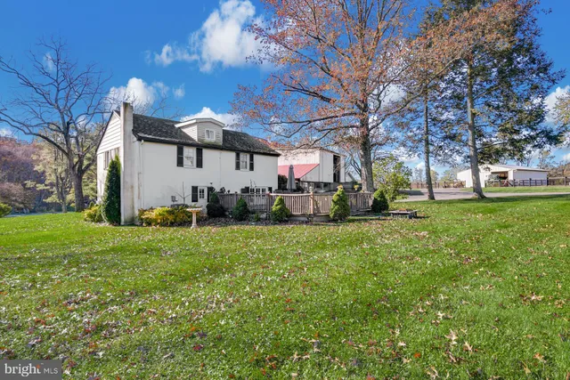 a view of a yard in front of a house with a large tree