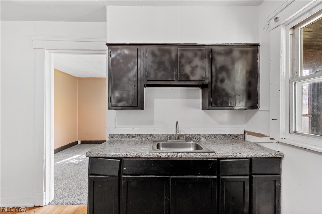 826 Whitcomb Road Cleveland, OH 44110 - Photo 13 of 25 Kitchen featuring plenty of natural light, light colored carpet, sink, and light stone counters