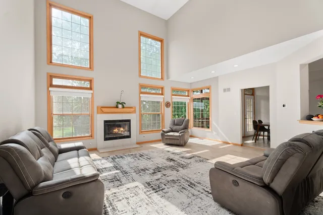 a living room with furniture window and fireplace