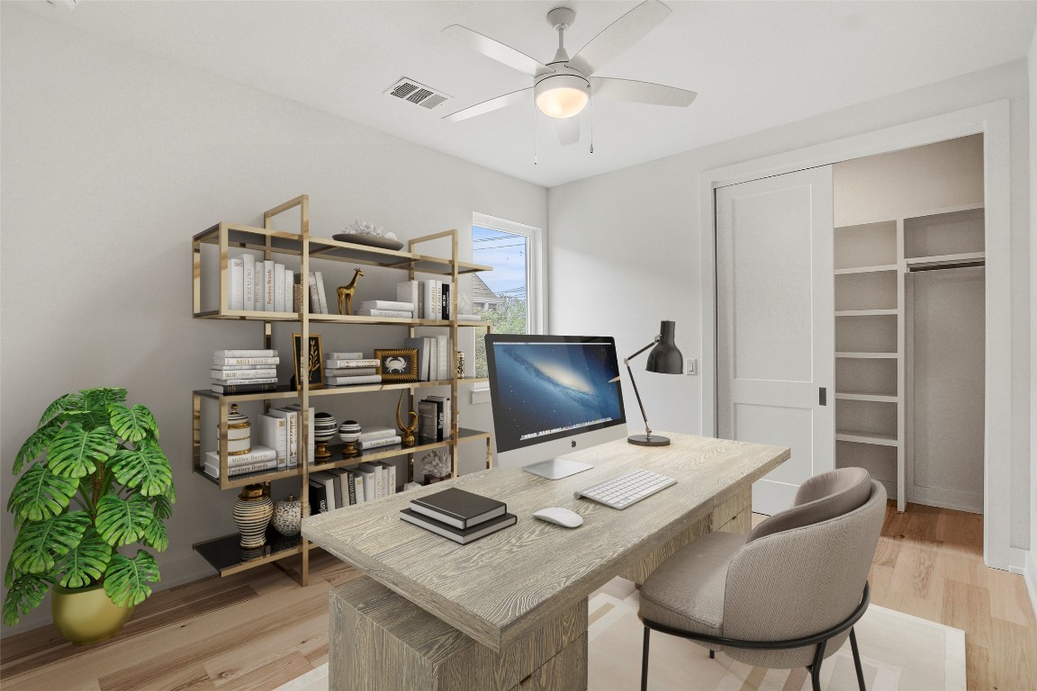 4127 East 12th Street, Unit 6 Austin, TX 78721 - Photo 3 of 17 Office with light wood-style flooring and a ceiling fan